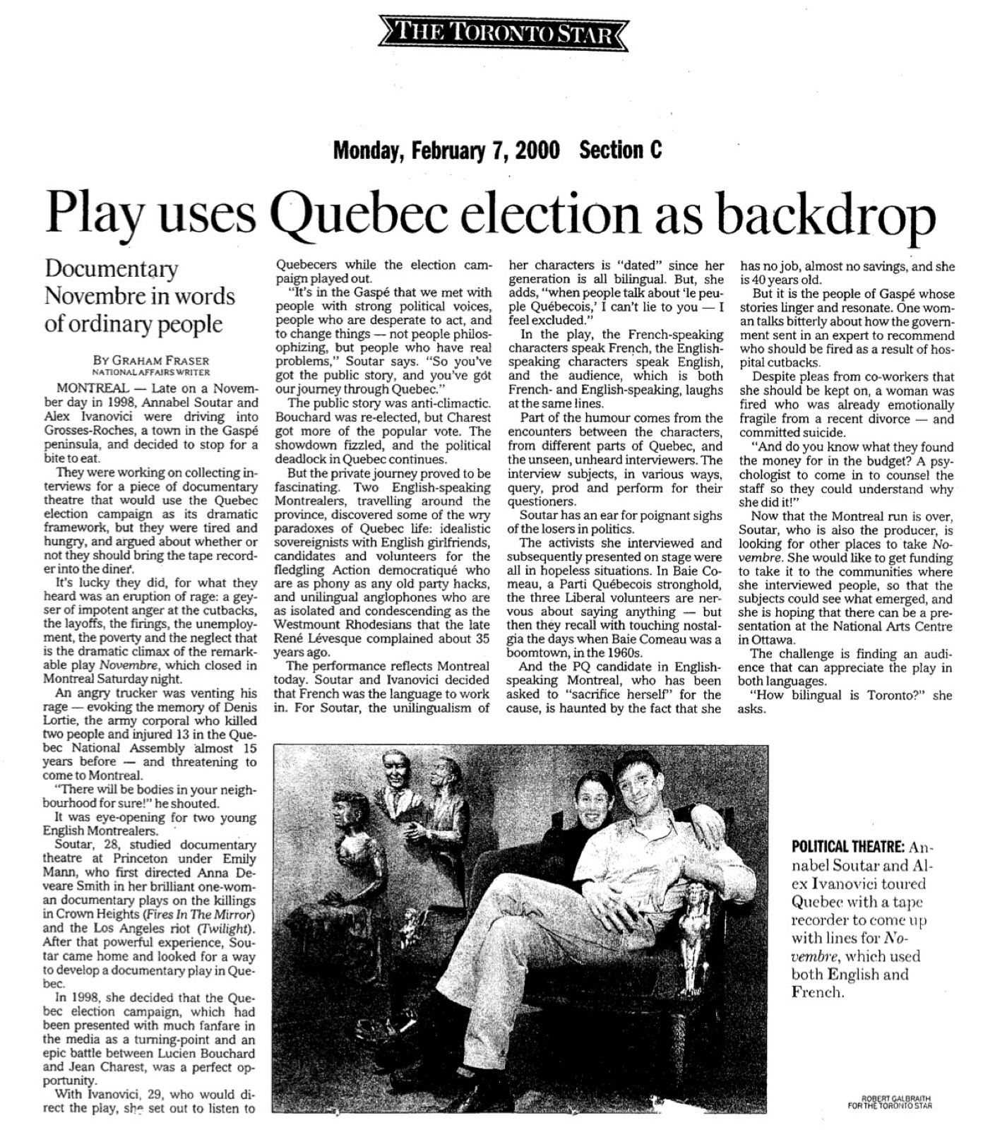 "Play uses Quebec election as backdrop", Graham Fraser dans le Toronto Star, 7 février 2000