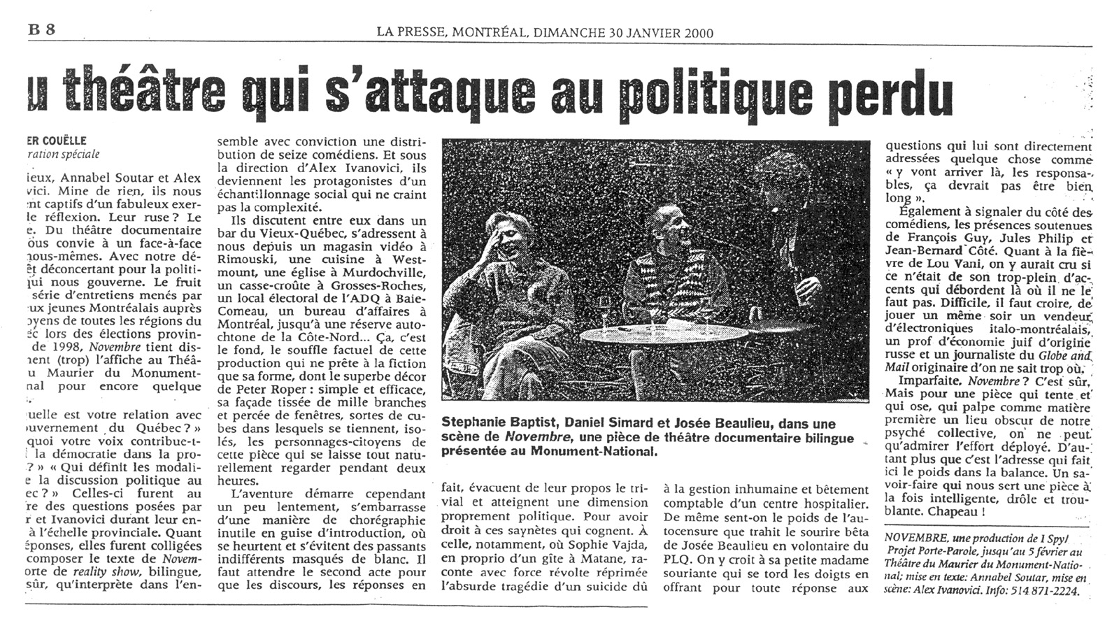 « Un théâtre qui s'attaque au politique perdu », Jennifer Couëlle, La Presse