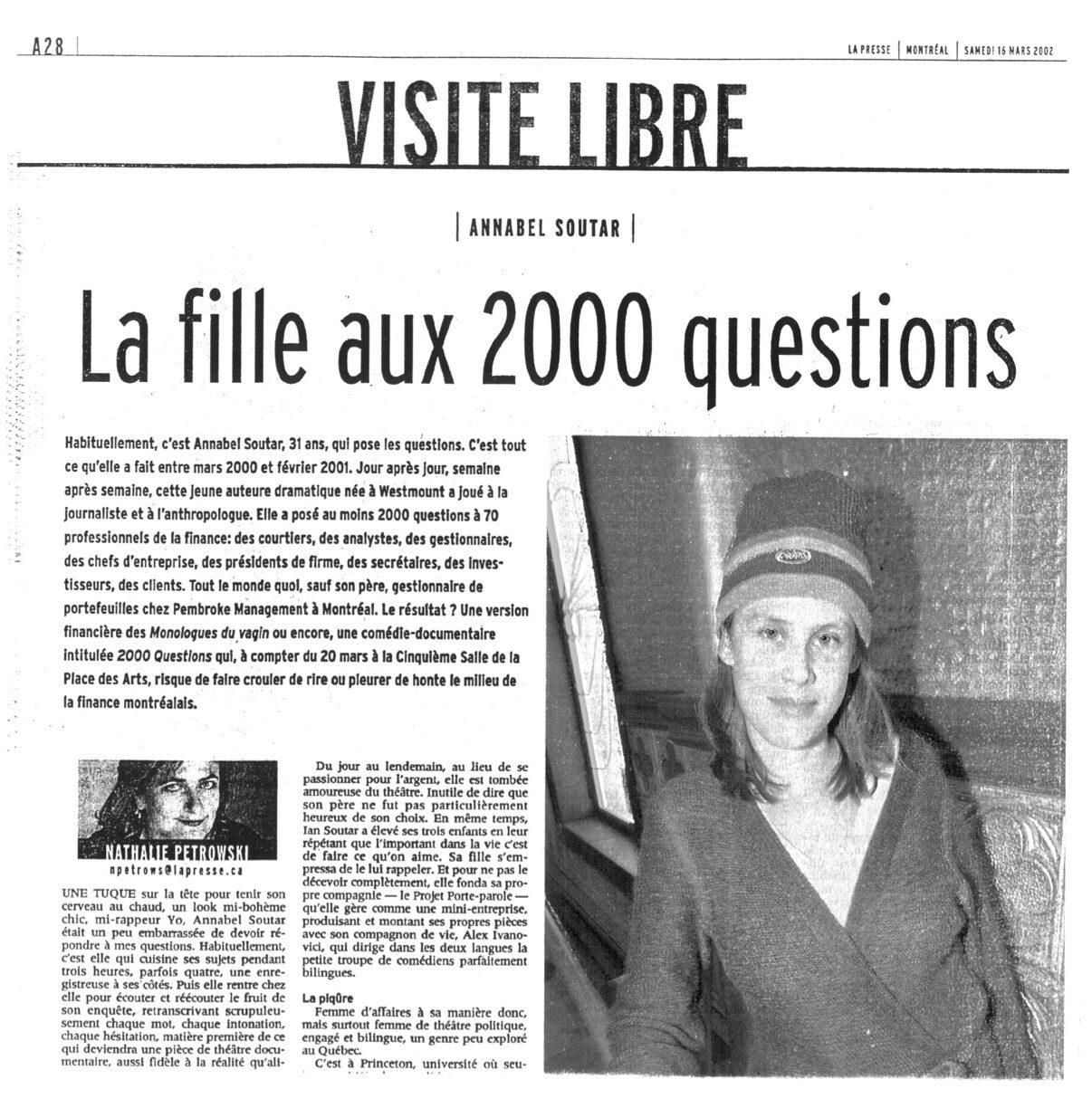 "La fille aux 2000 Questions" | Nathalie Petrowski, La Presse, Visite libre avec Annabel Soutar, 2002 | 2000 Questions | Porte Parole