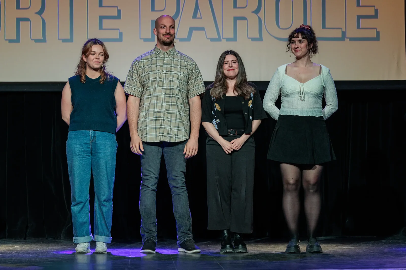 Les participant·e·s : Emilie Charest, Jeffrey Rioux, Josiane Cossette, Daphnée Côté-Hallé | Les Pitchs Porte Parole 2026 | Photo Najim Chaoui